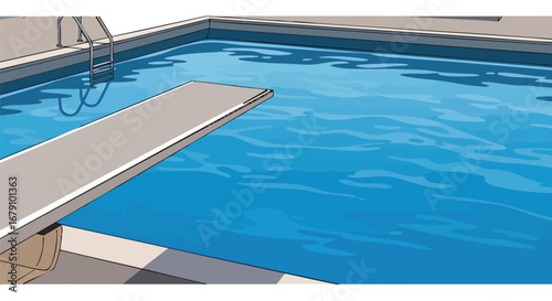 Stylized illustration of a refreshing swimming pool with diving board and ladder creating a serene summer vibe providing a fun and relaxing feeling