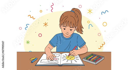 Young Girl Joyfully Coloring A Sunny Picture With Crayon At Her Desk