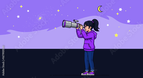 Young girl looking at the stars through a telescope under a purple night sky