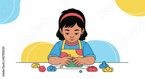 Young Girl Molding Colorful Clay, Creating Playful, Joyful Art In Bright Design