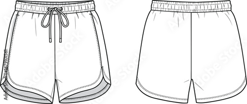 Women’s casual athletic shorts with elastic waistband, adjustable drawstring, layered hem detail, front and back views, vector fashion flat sketch, technical clothing drawing
