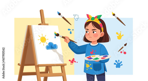 Young girl painting a picture on a canvas with paintbrushes and a palette of colors