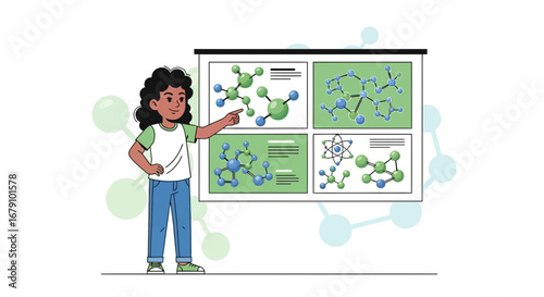 Young Scientist Presenting The Structure Of Molecules With Educational Charts