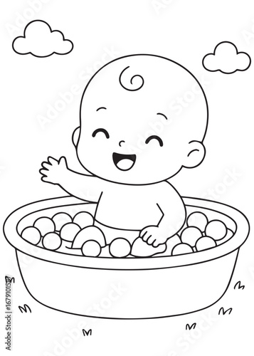 coloring book baby sitting in tub full of play balls
