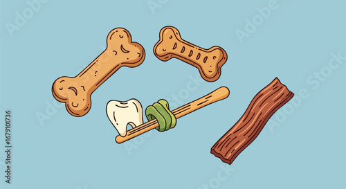 Stylized dog dental health treats floating playfully on a muted blue background, perfect for pet care promotion