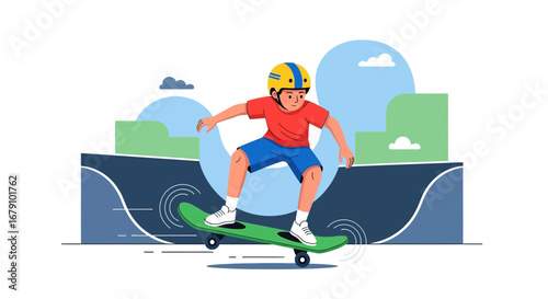 Young Skateboarder Riding With Style Enjoying Activity And Wearing Safety Gear On a Ramp