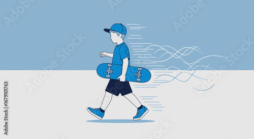 Young Skateboarder Walks Energetically With Board, Capturing Motion and Dynamic Illustration