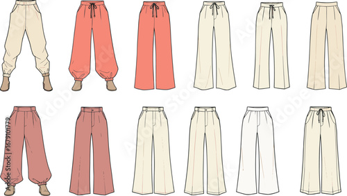 Women’s pants collection, various styles and colors, elastic waist, drawstring detail, loose fit, wide leg, casual and comfortable, vector fashion flat sketches, front and back views