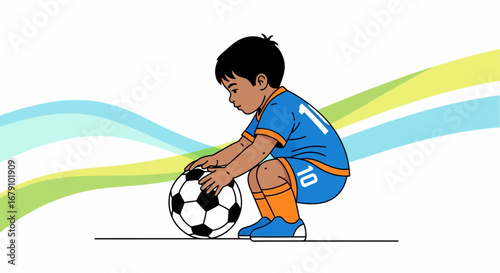 Young Soccer Player Concentrating Before Starting a Fun Game in Colorful Illustration