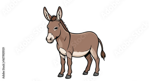 Cartoon donkey stands on a white background, creating a simple and adorable animal illustration standing calmly with its long ears perked up