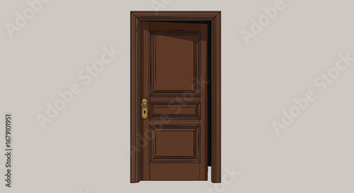 Classic wooden door design showcasing refined craftsmanship and architectural details standing against a neutral backdrop with simple elegant frame