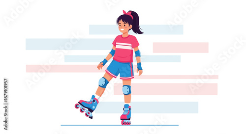 Young girl rollerblading in a sporty outfit on a white background with abstract stripes