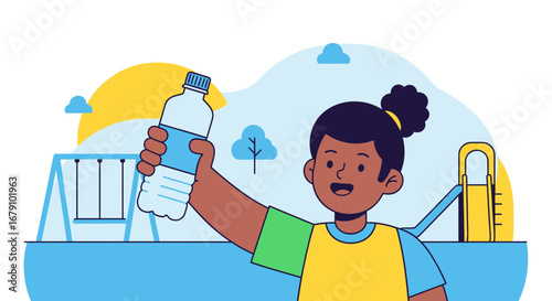 Young Girl Smiling Holds Up Water Bottle Illustrating Healthy Hydration Outdoors