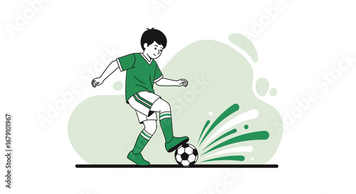 Young Soccer Player Executing Football Skill, Kicking Ball Forward Towards The Goal Accurately