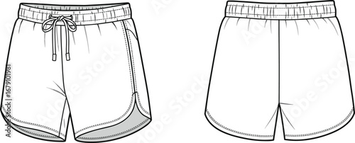 Women’s casual shorts, elastic waistband with drawstring, side pocket detail, vector fashion flat sketch, technical clothing drawing, front and back view, summer apparel, sportswear template