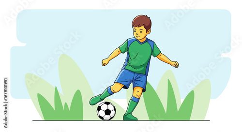 Young Soccer Player Kicking Football Energetically on Grassy Field Against Blue Sky