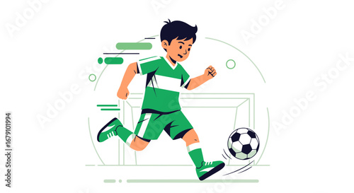 Young Soccer Player in Green Kicking the Ball Towards the Goal in Illustration