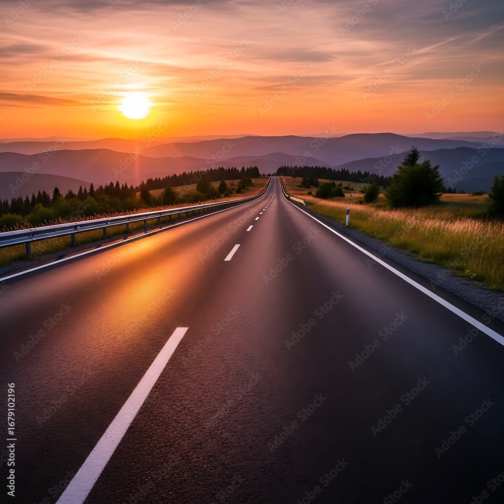 Naklejka premium Road leading to sunset over mountains