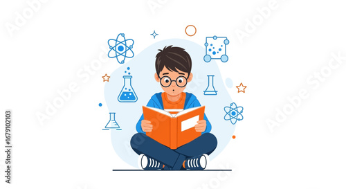 Young Student Absorbed In Chemistry Book With Science-Themed Illustrations