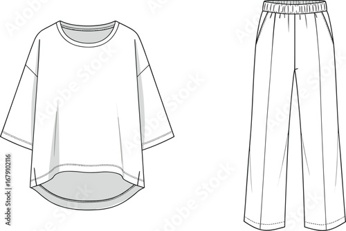 Loose fit casual top with elbow sleeves, elastic waist pants, fashion flat sketch, vector apparel design, technical drawing, clothing template, comfortable outfit, front view CAD illustration