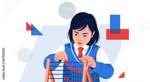 Young Student Calculating Numbers Using an Abacus with Geometric Shapes Backgrounds