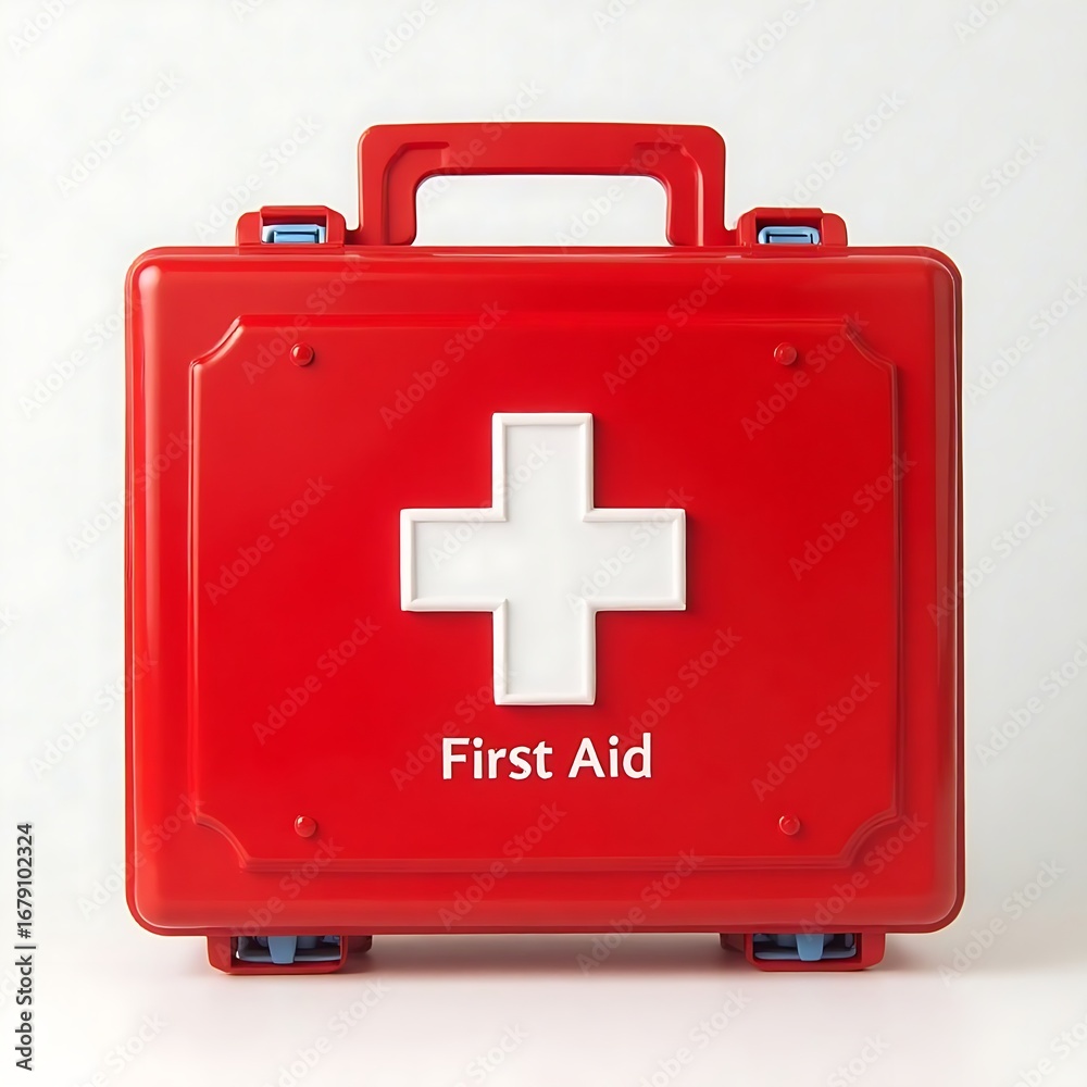Fototapeta premium Vibrant Red First Aid Kit with White Cross on Clean Background