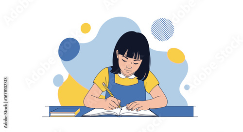 Young Student Concentrating While Writing in Open Notebook, Pencil and Education