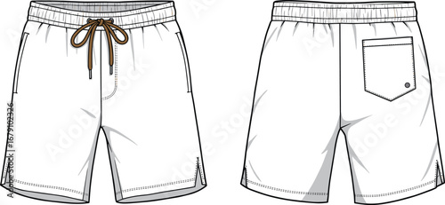 Swim shorts vector, men’s drawstring shorts, front and back view, fashion flat sketch, beachwear template, technical apparel drawing, clothing design, casual summer shorts