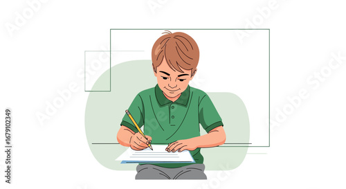 Young Student Diligently Writing With Pen on Paper, Education and Learning Concept