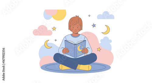 Young Individual Reading Book Amongst Dreamy Celestials in a Colorful Vector Illustration
