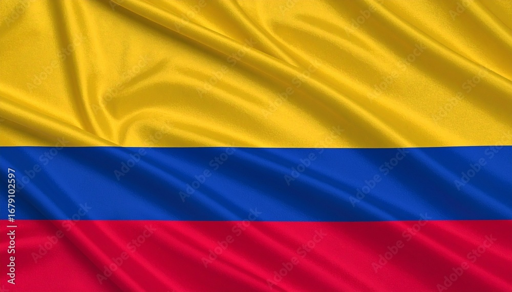 Fototapeta premium Colombian flag with bold yellow, blue, and red horizontal stripes symbolizing wealth, sea, and sacrifice.