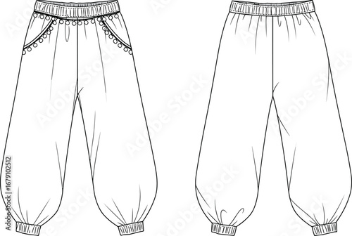 Fashion flat sketch, jogger pants front and back, gathered ankle trousers, drawstring detail, pocket design, vector apparel template, loose fit pants, CAD illustration