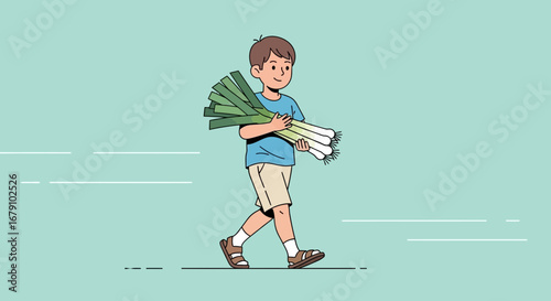Young Lad Carries Fresh Leeks, Harvesting Vegetables For Delicious Culinary Creations