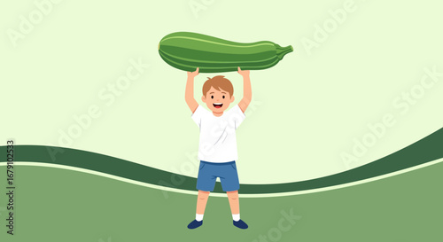 Young Lad Joyfully Demonstrates Green Vegetable, Health And Wellbeing, Fresh Produce
