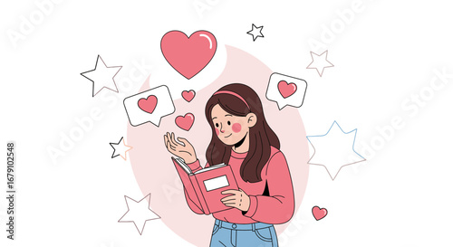 Young Lady Absorbed In A Book With Hearts Erupting And Surrounded By Stars