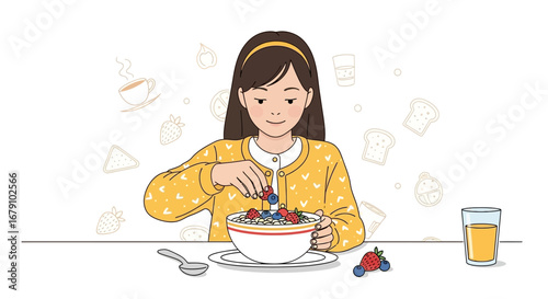 Young Lady Adding Berries To Her Healthy Breakfast Cereal Bowl For Nourishment Daily