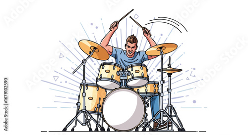 Energetic drummer illustration striking a vibrant beat within a dynamic musical backdrop capturing the essence of musical performance and rhythmic