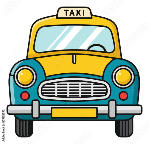 Vintage Yellow Teal Taxi Front View Illustration.