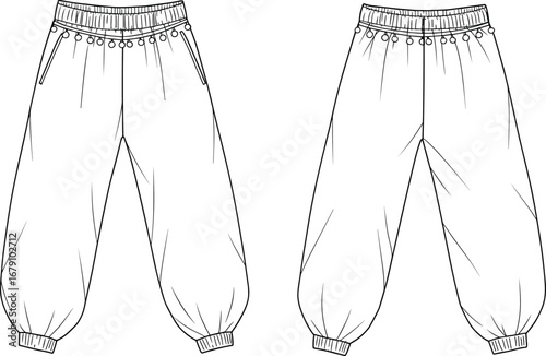 Technical fashion sketch, jogger pants front and back, drawstring waist trousers, vector flat sketch, loose fit pants, fashion illustration, apparel design template, CAD drawing