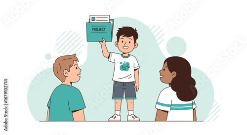 Young Student Presenting Project, Sharing Information to Peers, Classroom Illustration