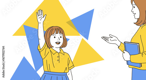 Young Student Raises Hand Energetically in Illustrated School Setting for Question