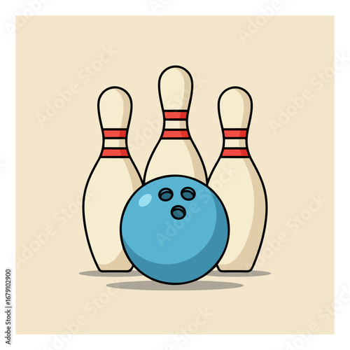 Bowling ball and pins illustration on a light background.