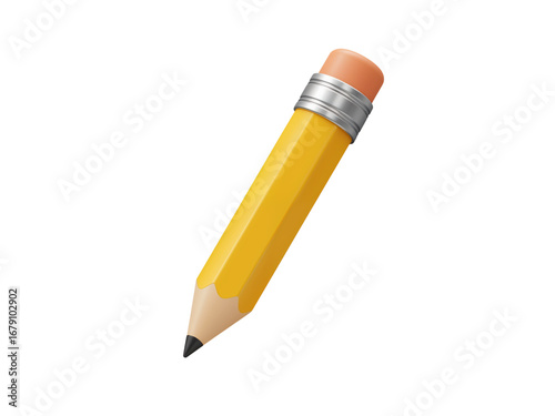 A bright yellow wooden pencil with a pink eraser and silver ferrule isolated on transparent background