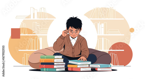 Young Student Surrounded by Books in a Library Setting, Focused and Thoughtful Illustration
