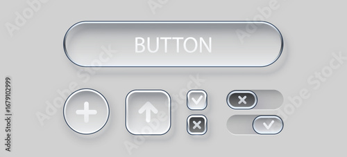 Modern glass button ui set. Modern liquid glass button set. Switch, toggle, radio button.