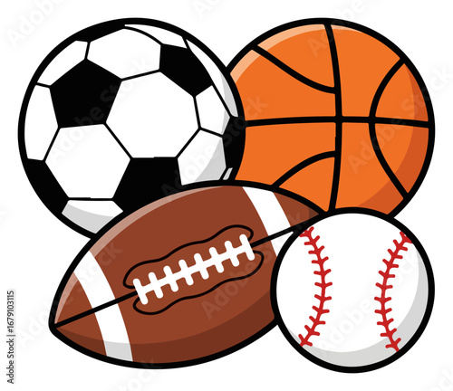 Collection of various sports balls for athletic games and recreation.
