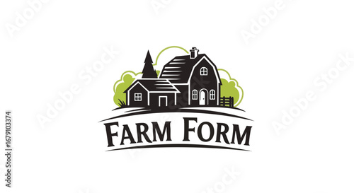 Rustic Farmhouse Logo Design with Traditional Architecture and Green Accents conveying pastoral charm with rural building silhouette and nature touch