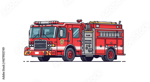 Illustrated red fire engine on a clean white background showcasing emergency vehicle design and firefighting equipment in a stylized manner