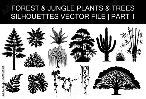 Forest Plants & Trees Silhouettes set, vector file