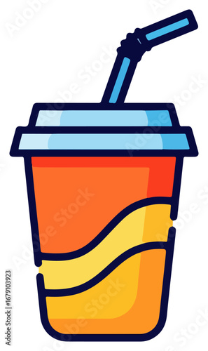 Orange soda drink with straw and lid.